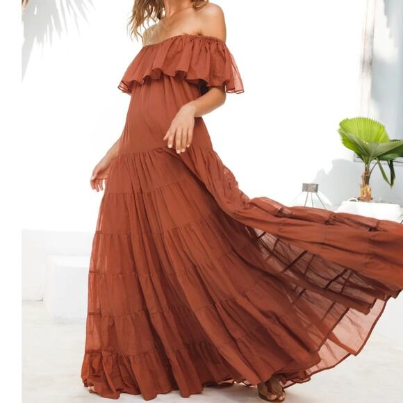 ERIKA PENA Rita Bohemian Maxi tiered ruffle off shoulder dress Sienna M / L NEW - Picture 3 of 7